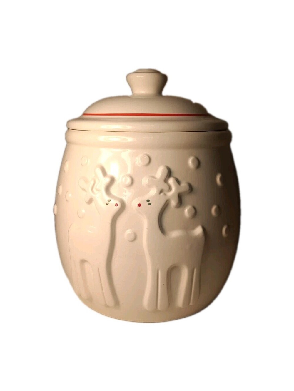 Vintage Hallmark Christmas Cookie Jar Ceramic Embossed Reindeer White/Red 1980s